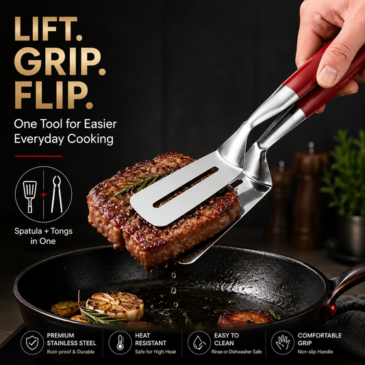 🍳🏆2-in-1 Stainless Steel Spatula Tongs – Grip, Flip & Serve