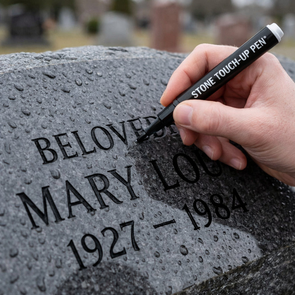 ✨ Golden Tombstone Marker Pen –🖌️ Restores Faded Names & Dates on Granite, Marble🕊️
