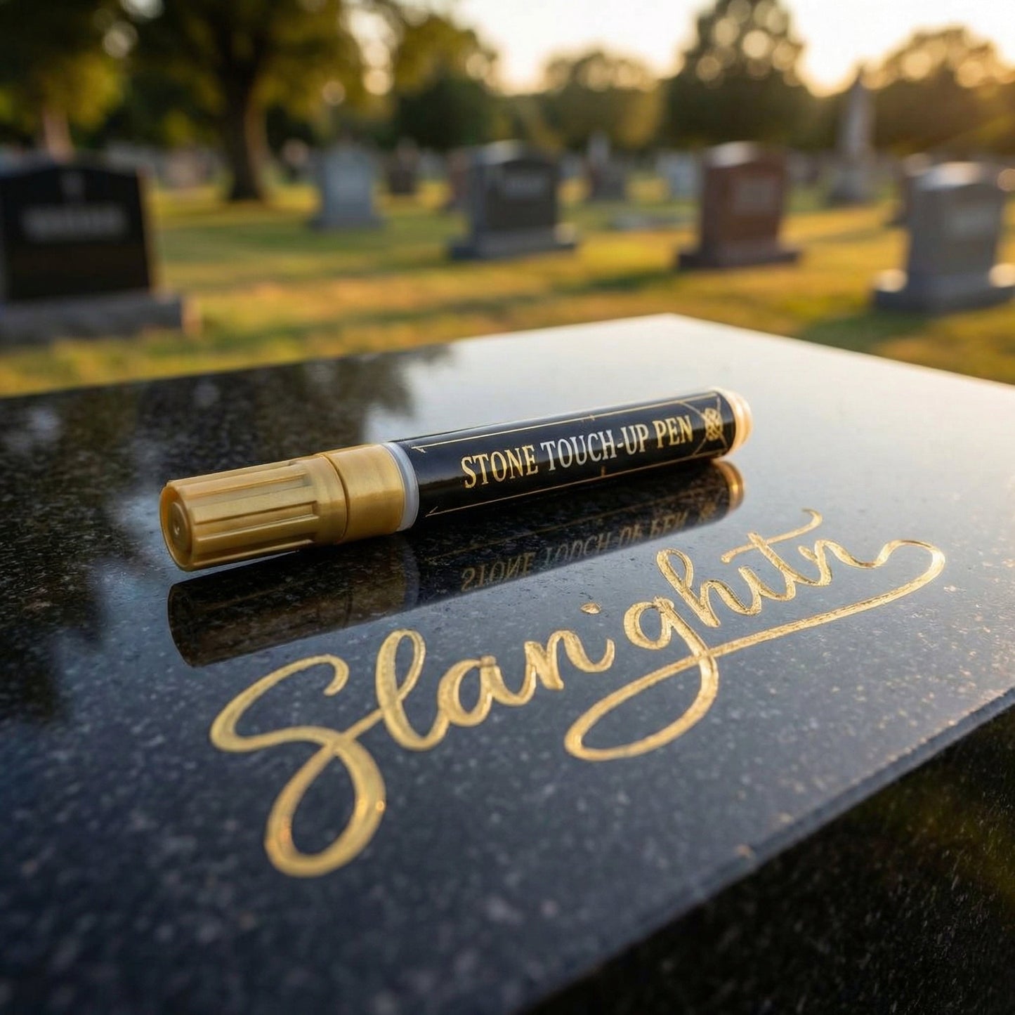 ✨ Golden Tombstone Marker Pen –🖌️ Restores Faded Names & Dates on Granite, Marble🕊️