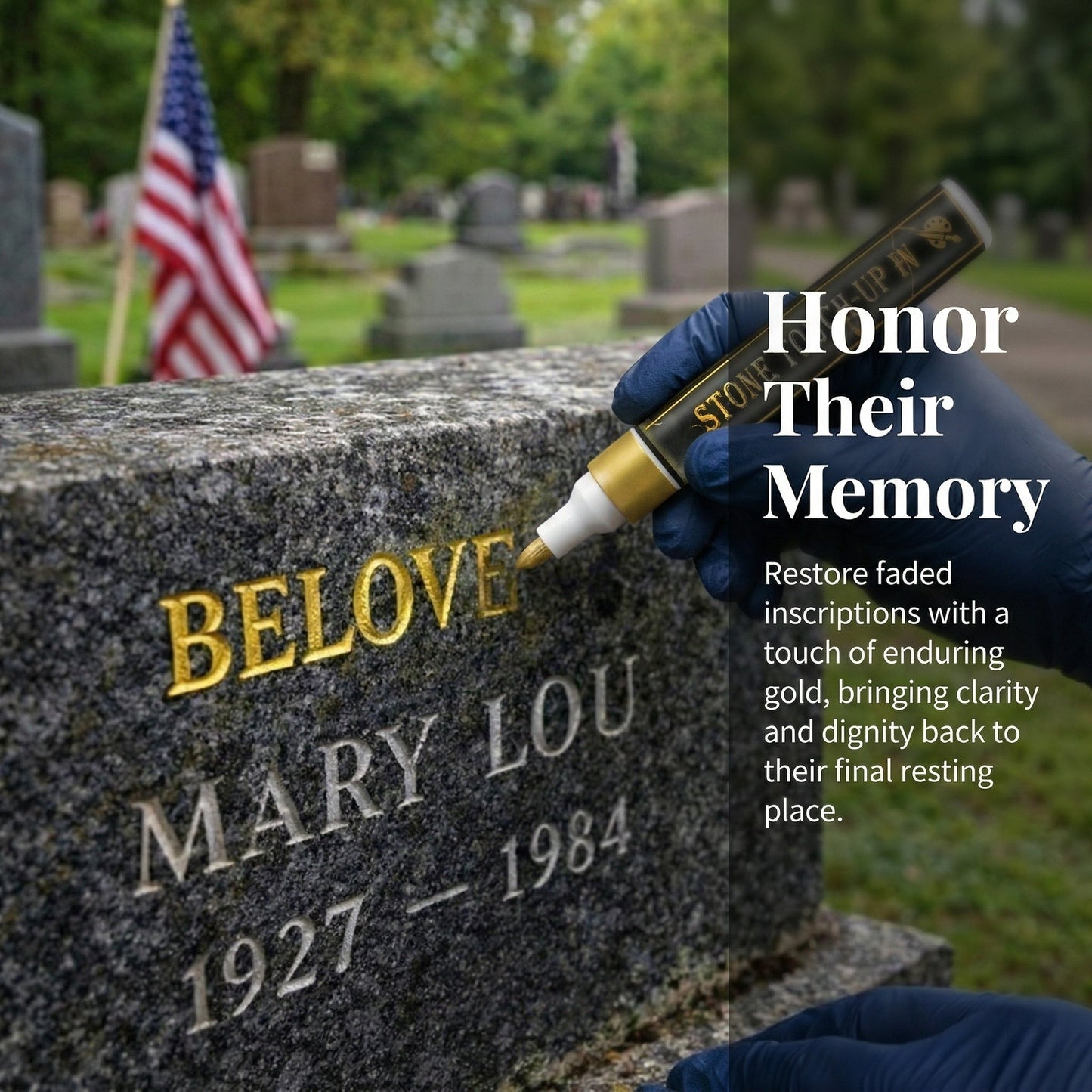 ✨ Golden Tombstone Marker Pen –🖌️ Restores Faded Names & Dates on Granite, Marble🕊️