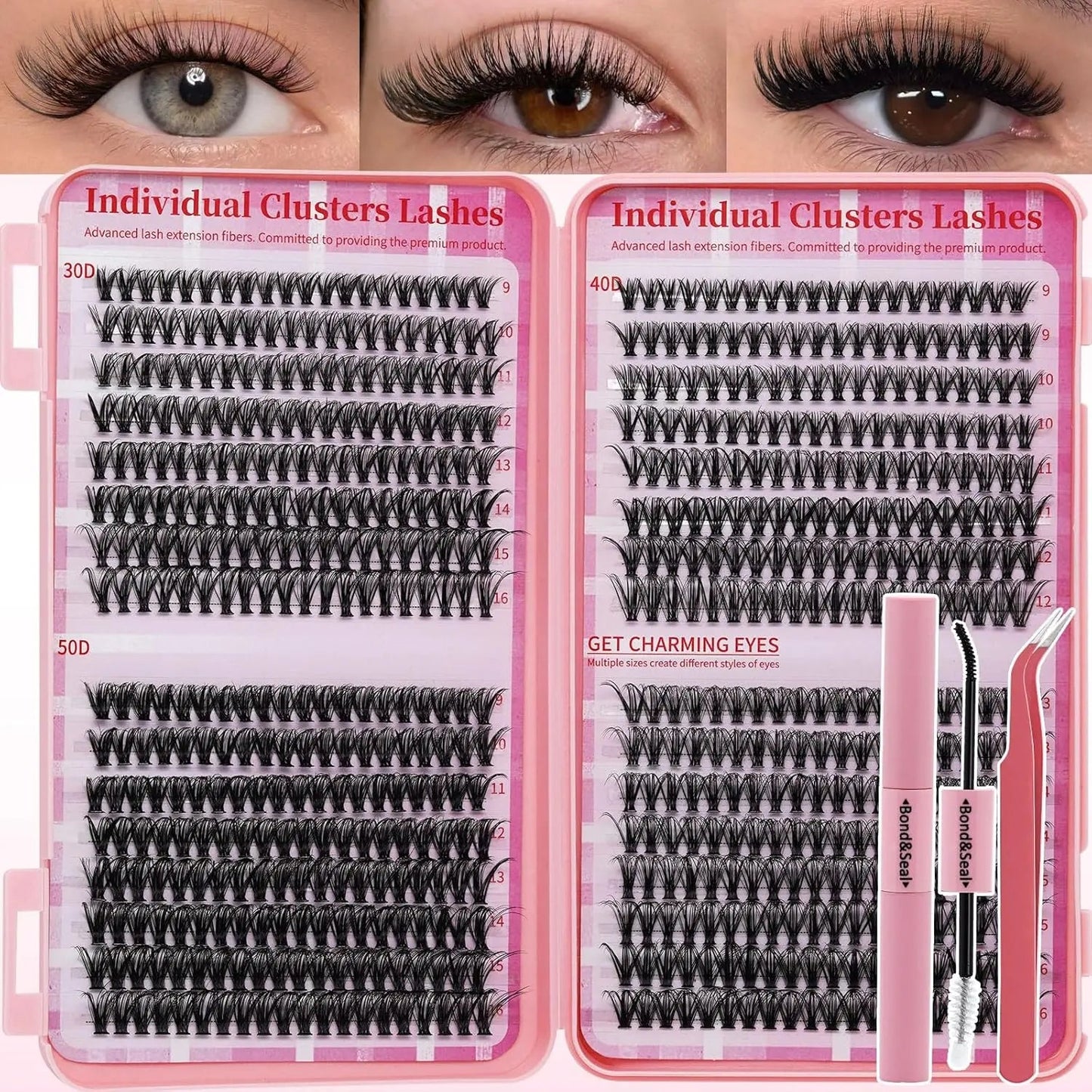 Lash Extension Kit DIY Lash Clusters Kit Cluster Lashes Mixed Tray Eyelash Extension Kit Soft Individual Lashes with Lash Bond and Seal,Lash Tweezers Natural Look