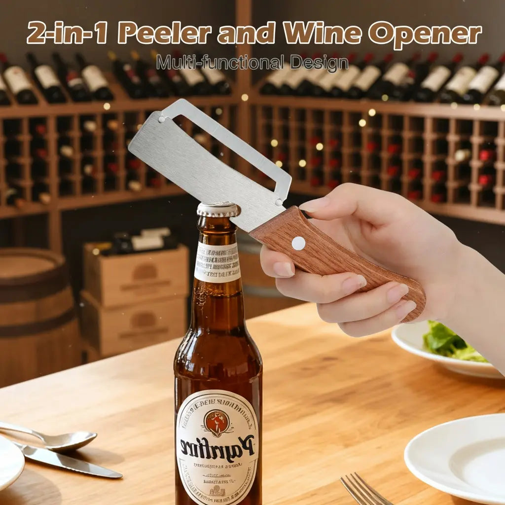 ❤️‍🔥Wooden-Handled Stainless Steel Sharp Peeler with Built-In Bottle Opener