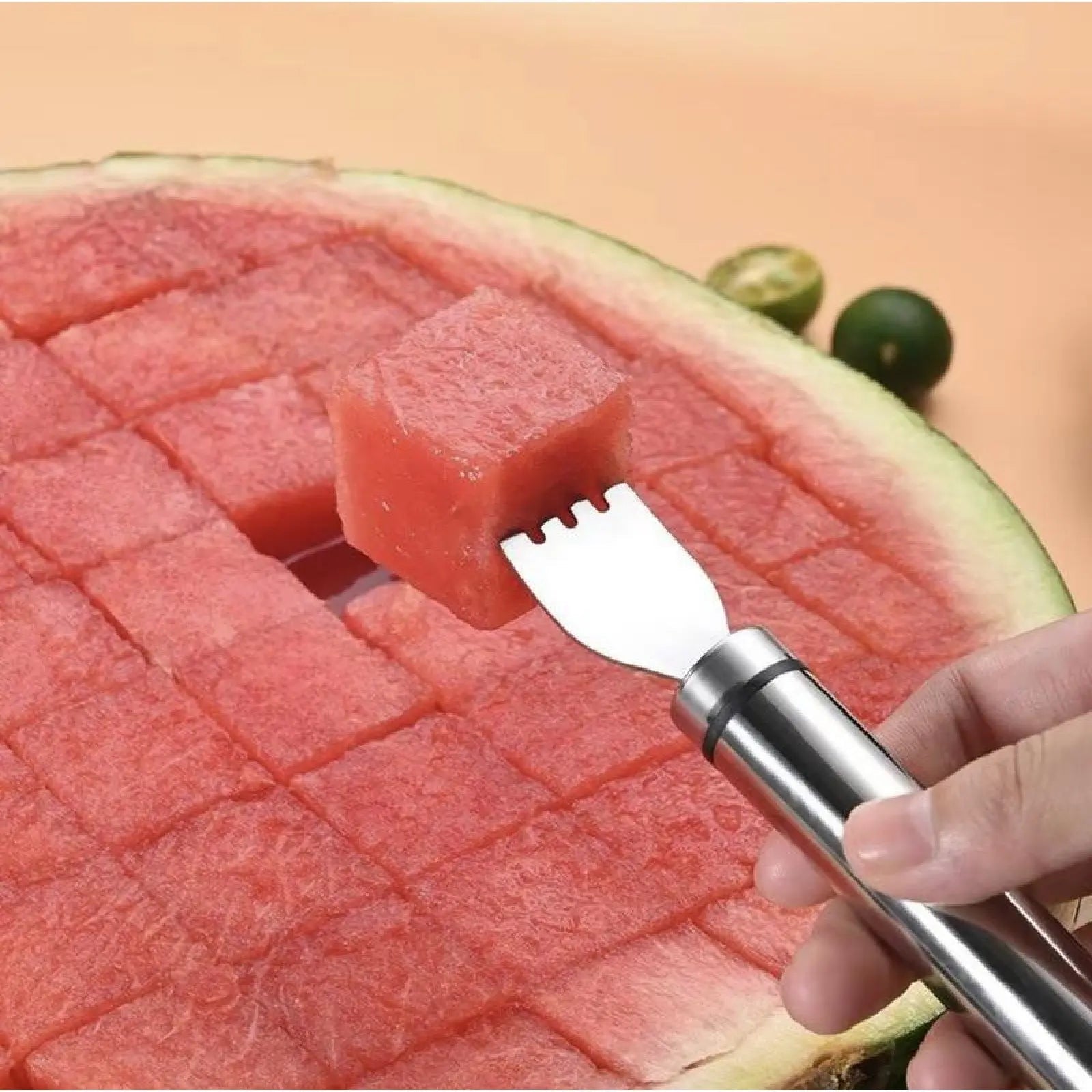 Watermelon Fork Slicer Cutter Slicer Tool,2-In-1 Stainless Steel Fruit Cutter, Dual Head Fruit Forks Slicer Knife with round Handle Fruit Cutting Kitchen Utensils